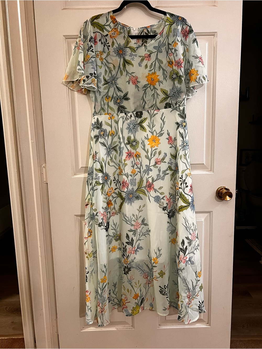 Floral Maxi Dress in Light Mint with Yellow & Pink Blooms